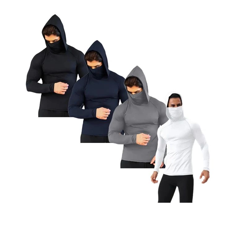 Men Compression t Shirt Soild Casual t-Shirt Long Sleeve Fitness Tops Running Gym t-Shirts Hooded Shirts With Mask Male Clothes