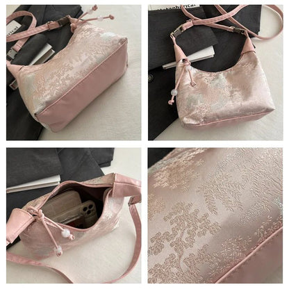 Sweet Embroidery Shoulder Bag Nylon Texture Pearl Pendant Crossbody Bag Small Bucket Handbag Women Canvas Luxury Cheongsam Bag