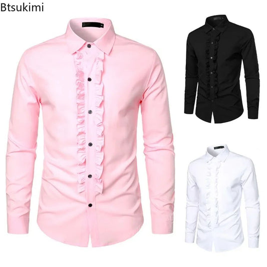 New 2025 Men's Long Sleeve Tuxedo Shirts Fashion Party Wedding Male Dress Shirts Ruffle Pleated Design Solid Shirt Chemise Homme
