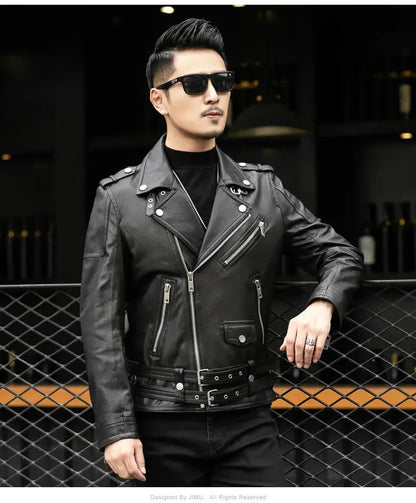 Spring Autumn Short Cool Black Leather Biker Jacket Men Zipper Long Sleeve Belt Plus Size European Fashion brand leather jackets