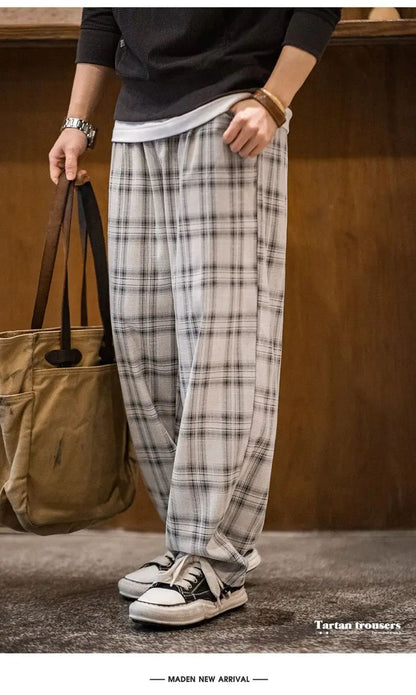 Maden Calça Cargo Xadrez Masculina Vintage Primavera Leve Caimento Solto Cintura com Cordão Calças Retas Casuais Perna Larga
