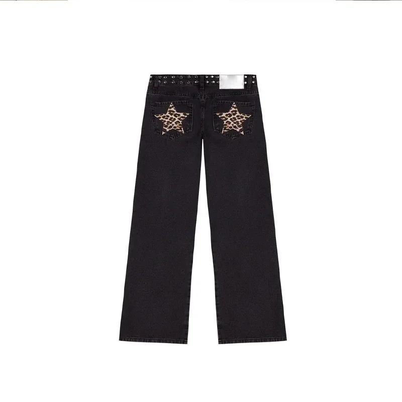 Spanish Fashion ONE DILEMMA Five-pointed Star Pattern Rivet Decorative Black Jeans Women's Autumn Multiple Light Blue Jeans