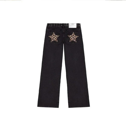 Spanish Fashion ONE DILEMMA Five-pointed Star Pattern Rivet Decorative Black Jeans Women's Autumn Multiple Light Blue Jeans