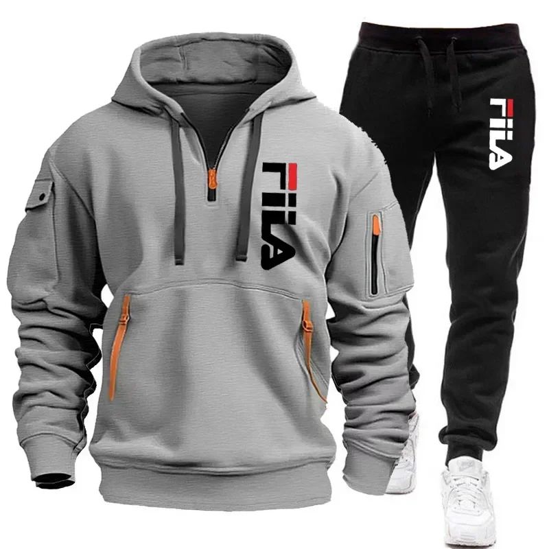 Men's set 2025 Autumn/Winter new Men's hooded sweatshirt + long pants two-piece set, outdoor multi-pocket men's pullover sportsw