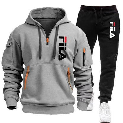Men's set 2025 Autumn/Winter new Men's hooded sweatshirt + long pants two-piece set, outdoor multi-pocket men's pullover sportsw