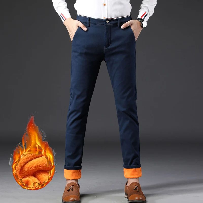 Winter Men Korean Fashion Straight Leg Pants Winter Snow Warm Thermal Thicken Casual Pants New Fleece Slim Fit Business Trousers
