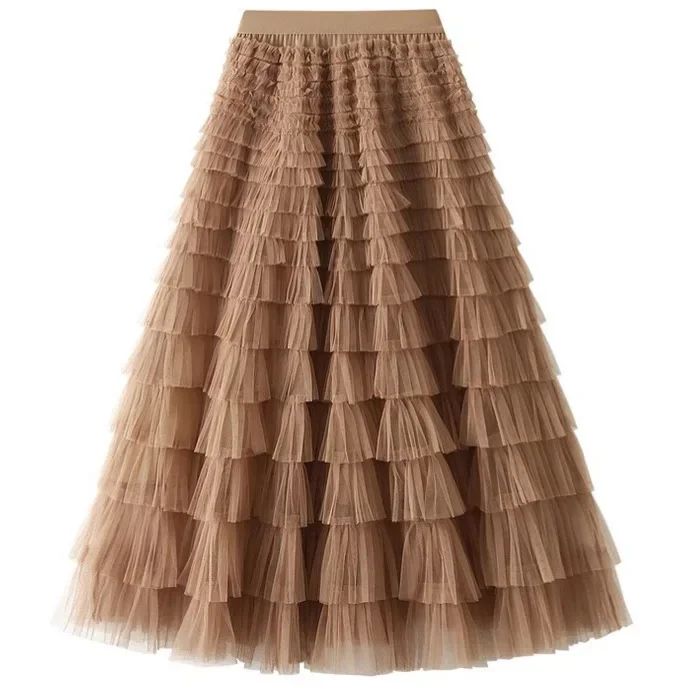 HOT Solid Multilayer Ruffle Mesh Skirt Women Boho High Waist Long Maxi Tulle Skirt Spring Summer Party Women's Clothing