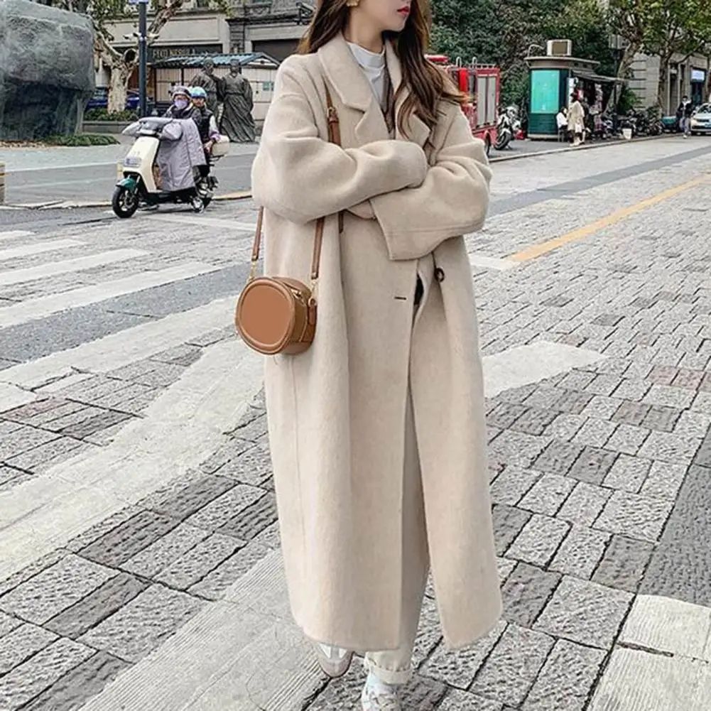 Women Coat Double-Breasted Mid-length Outerwear Lapel Stylish Warm Mid-Length Double Pockets Winter Coat Lady Accessories