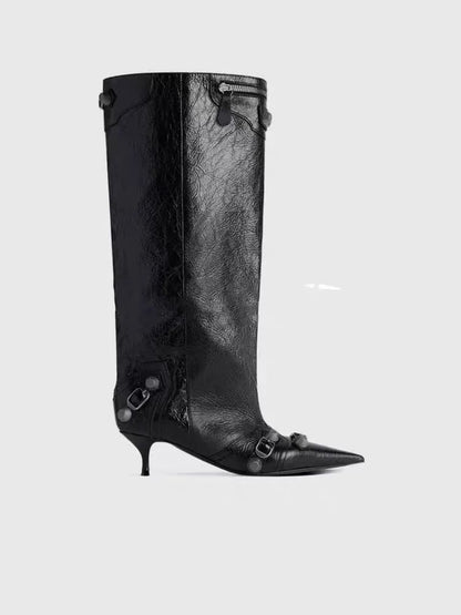 Women's Sexy Stiletto High Heels with Rivet Decoration, Wide Barrel Knee Length Boots, European and American Fashion Show Boots
