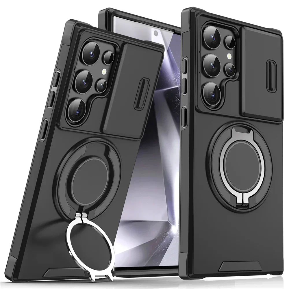 Capa Armor com Suporte Magnético para Samsung S25 S24 S22 S21 S23 S20 Ultra Plus FE com Proteção de Câmera Deslizante e Antichoque