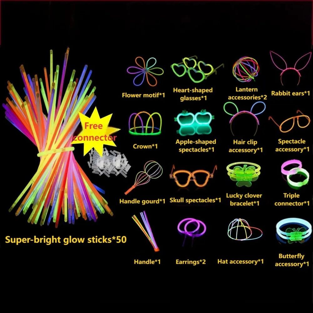 50/100PCS Glow Stick Set with 17 Accessories DIY Perfect for Vibrant Party Supplies for Concert Halloween Festivals Events? Part