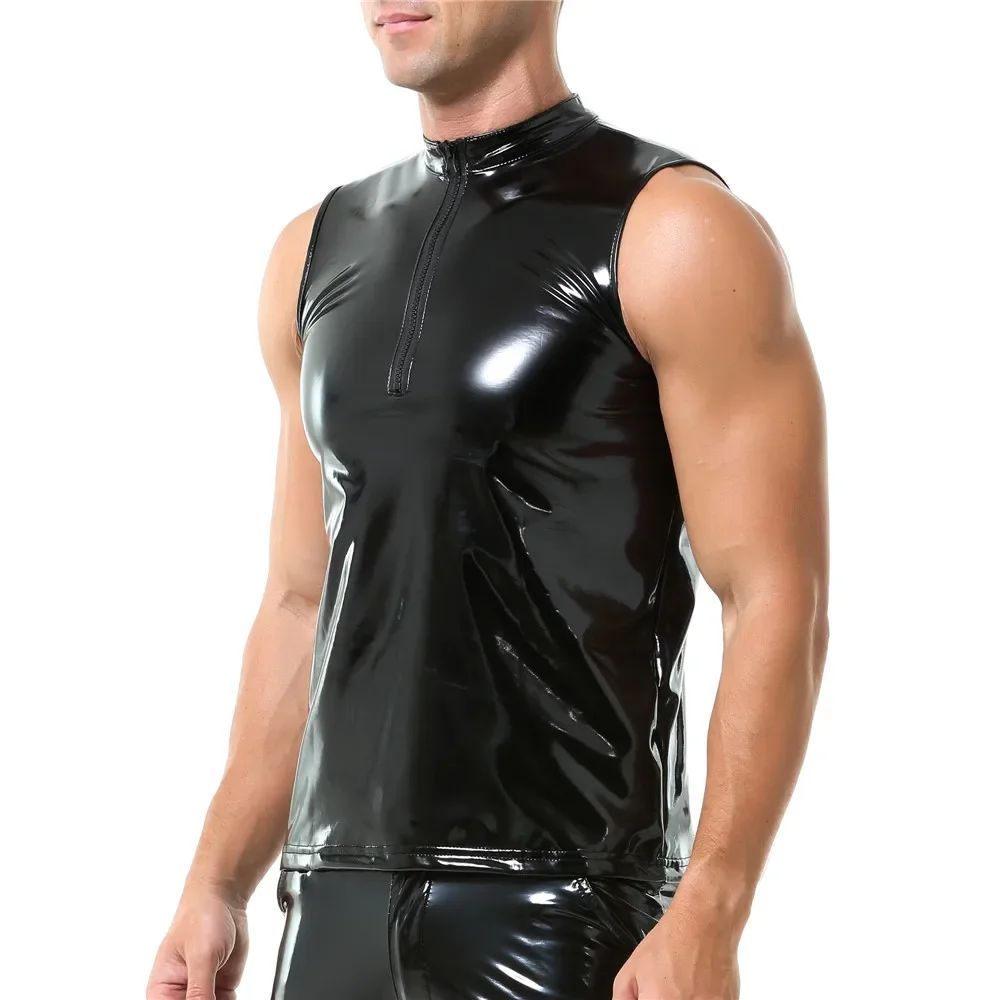 Mens Sexy Shiny PVC Leather Tank Top Vest Erotic Glossy Wet Look Leather T-Shirt Sleeveless Shaping Tank Top Vest Night Clubwear