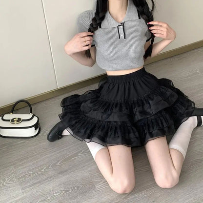 Plus Size New Style Pure Desire Aesthetic Mini Dress Net Yarn Fairy Puff Skirt High-Waisted Slimming Lace Cake A- Line Skirt ...