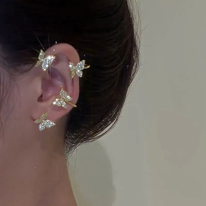 Brincos Borboleta de Metal Banhado a Prata Sem Furo para Mulheres Brilhantes Zircônia Fio de Orelha Clipe Brincos Joias de Casamento