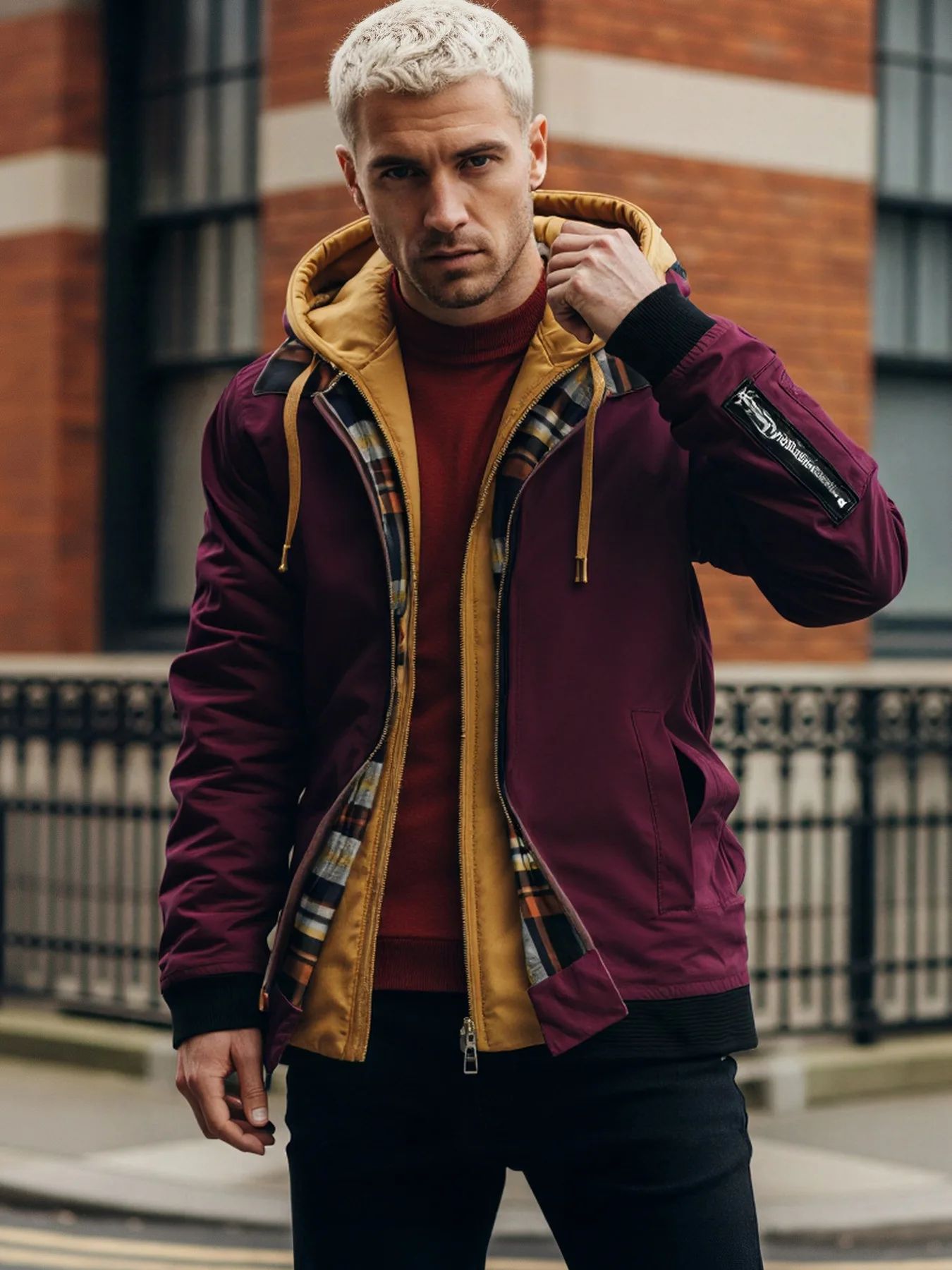 Jaqueta masculina de moletom com capuz outono inverno casual cor sólida falsa de duas peças com zíper e manga comprida quente