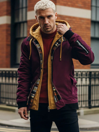 Jaqueta masculina de moletom com capuz outono inverno casual cor sólida falsa de duas peças com zíper e manga comprida quente