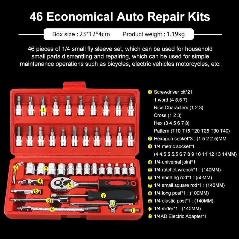 Jogo de Ferramentas para Carro Mecânico 46 Peças Kit Soquete de 1/4 Pol. com Chave Catraca de Torque - Combo para Reparo Automotivo