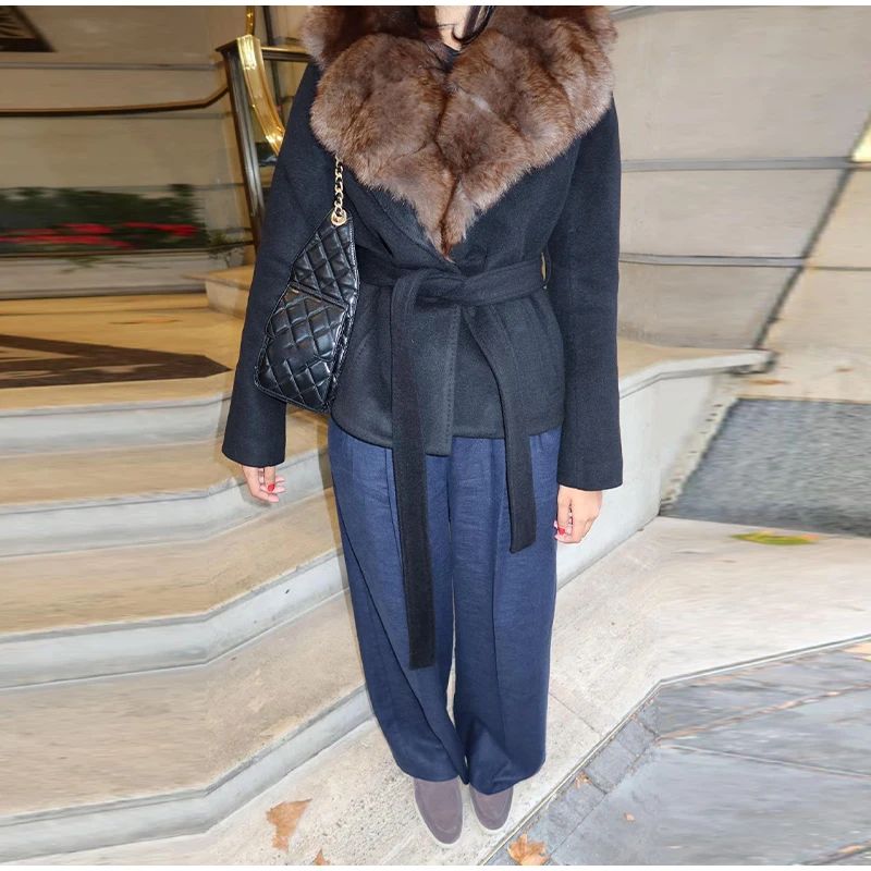 Elegant Fur Collar Woolen Coat Women Contrast Full Sleeve Turn-down Collar Loose Lace Up Coats Female 2025 Autumn Lady Outwears