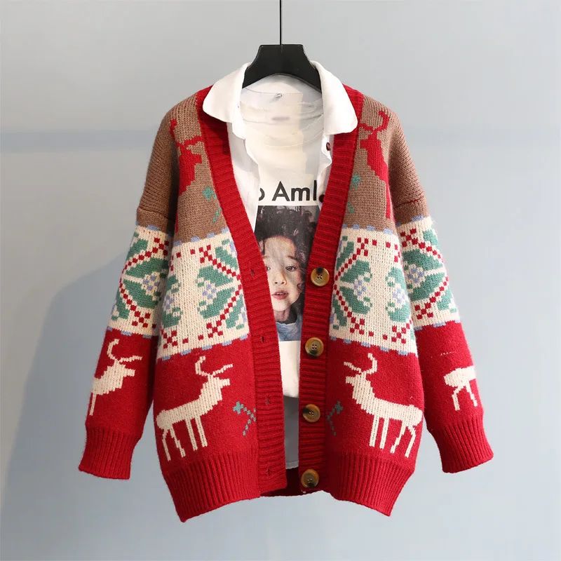 Knitted  Christmas Sweater Knit Sweaters For Men Cardigan Couple Vintage Sweater Cardigans Coat Y2K Jacket Men's Clothing