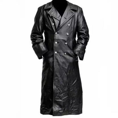 Men Faux Leather Coats Pu Long Coat Splice Double Breasted Turn Down Collar Slim Fit Thick Casual Jackets Autumn Winter