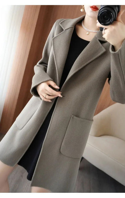 Ladies' Fashionable Woolen Coat Autumn Winter High End Medium Length Leisure Style Woolen Outerwear Pure Color Full Sleeve