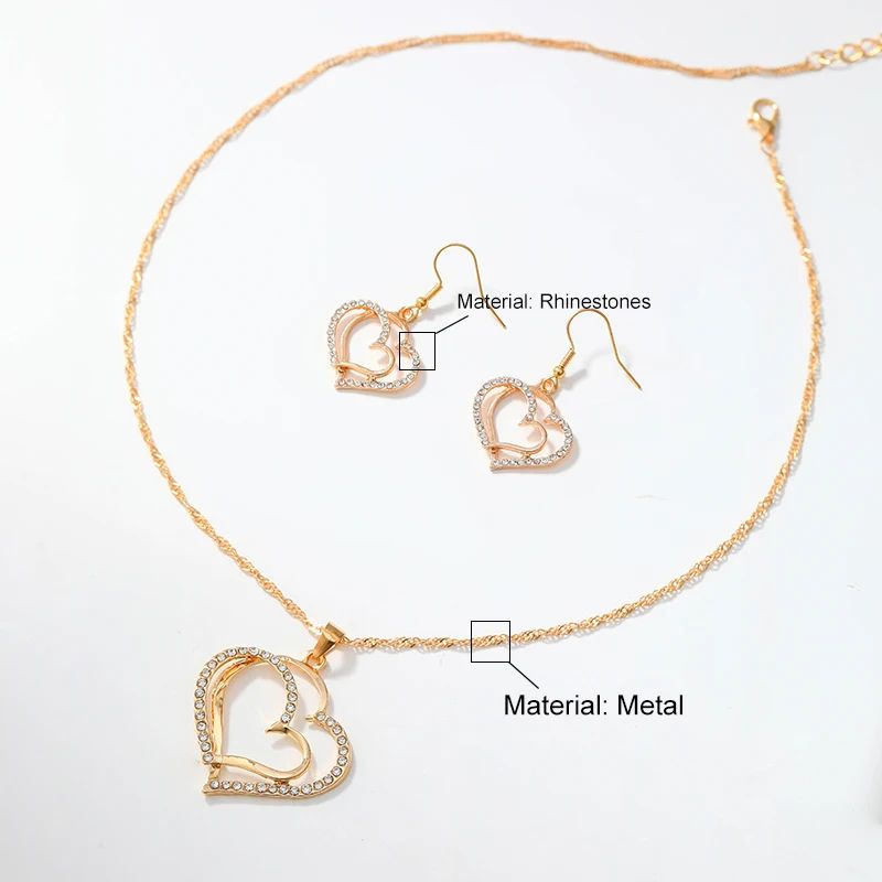 Conjunto de Joias Coração de 3 Peças Brincos Colar com Pingente para Mulheres Conjunto de Joias Duplo Coração de Strass Elegante e Moderno
