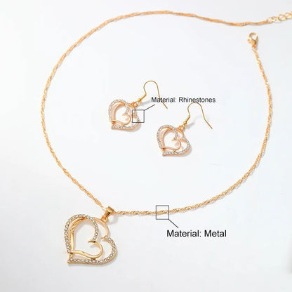Conjunto de Joias Coração de 3 Peças Brincos Colar com Pingente para Mulheres Conjunto de Joias Duplo Coração de Strass Elegante e Moderno