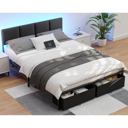 Queen Bed Frame with Headboard And Storage Drawer Upholstered Platform Bed Frame Queen Size with Charging Feature