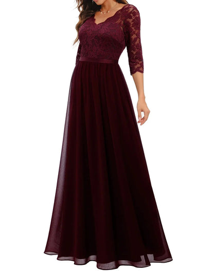 New 6-Color 5-Size Lace Splicing Long Waist-Cinching Elegant Dress Floor-Length V-Neck Polyester Fiber Evening Gown Dress