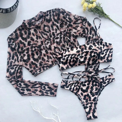 Long Sleeve 3 Piece Swimsuit High Cut Leopard Cover Up Push Up Bikini Separate Sports Bandage Bathing Suit Thong Swimwear 2025