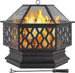 Yaheetech 28in Hex Shaped Fire Bowl - Large Wood Burning Outdoor Fire Pit with Spark Screen & Poker for Bonfire, Picnic, BBQ
