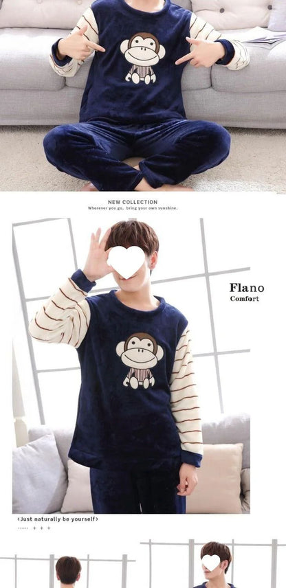 Thickened Flannel Sleepwear Set for Men Winter Home Clothes Coral Fleece Lined Autumn Winter Style Overhead Mens Nightgown