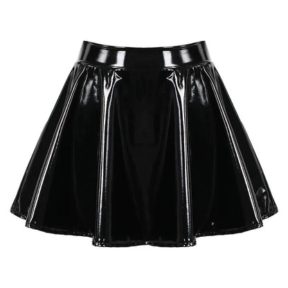 Women Glossy Patent Leather Flared Miniskirt Dance A Line Skirt Clubwear Cosplay Costume Retro Style Elastic Waistband