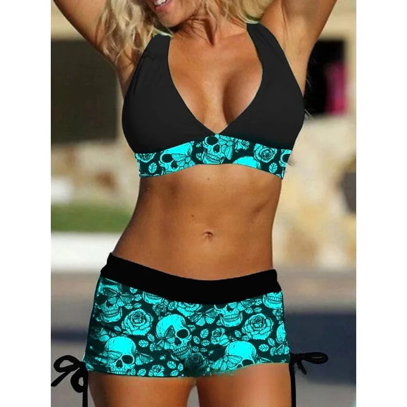 Conservative Skull Print Bikini Women's Swimsuit Flat Briefs New Arrival Swimwear from Mainland China Female Fashionable