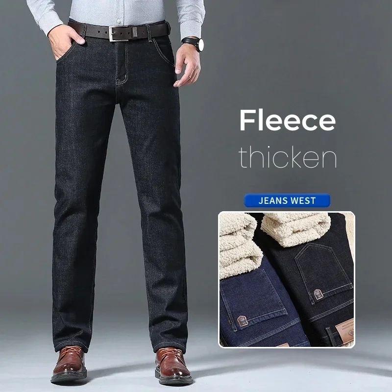Calça Jeans Masculina de Inverno Forrada de Lã Grossa Sherpa Casual de Negócios Veludo Reta Masculina de Lã Pelúcia Clássica Elástica