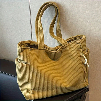 Casual Corduroy Handbag with Zipper Closure Light and Large Capacity Fixed Shoulder Strap Solid Color Daily Commuter Handbag