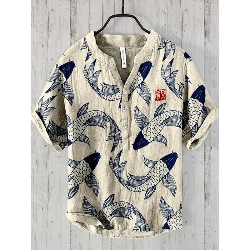 Spring and summer men's and women's shirts independent station casual fish pattern Hawaiian style printed shirts men's tops
