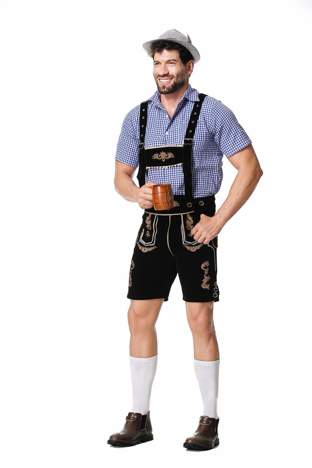 Bavarian Octoberfest German Beer Costume Male Oktoberfest Lederhosen Costume Beer Shirt Suspender Shorts Hat Cosplay Costumes