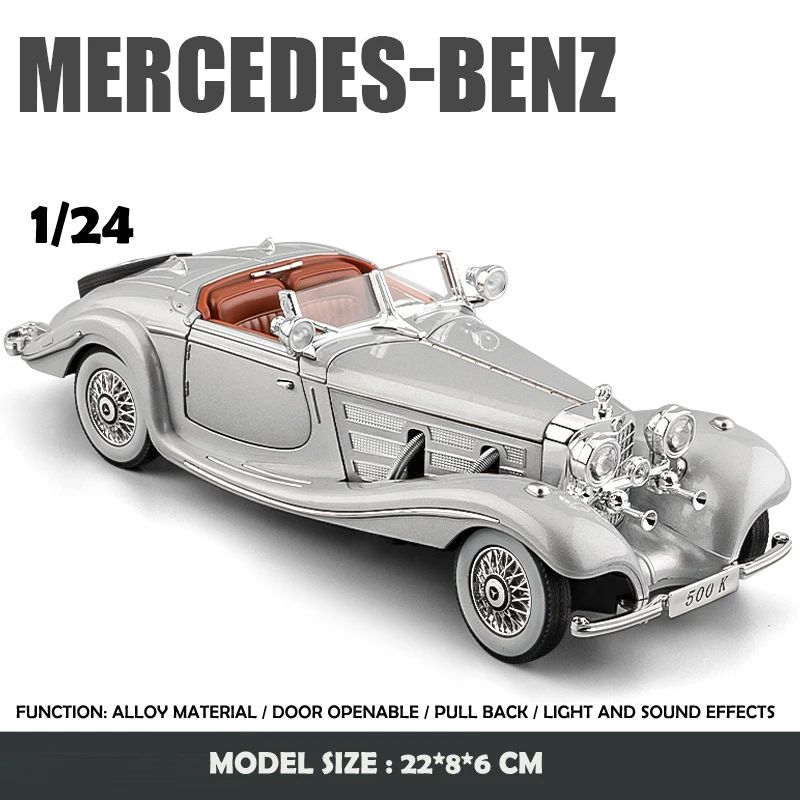 Simulação 1/24 Escala Benz 500K 1936 Clássico Modelo Carro Vintage Com Caixa de Exibição Presente de Aniversário Menino Coleção Miniatura Carro