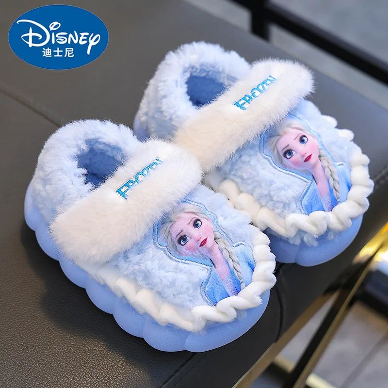 Chinelo de Algodão Infantil Inverno Princesa Disney Elsa Frozen Menina Antiderrapante Quente Para Bebê Rosa Azul Tamanho 26-35