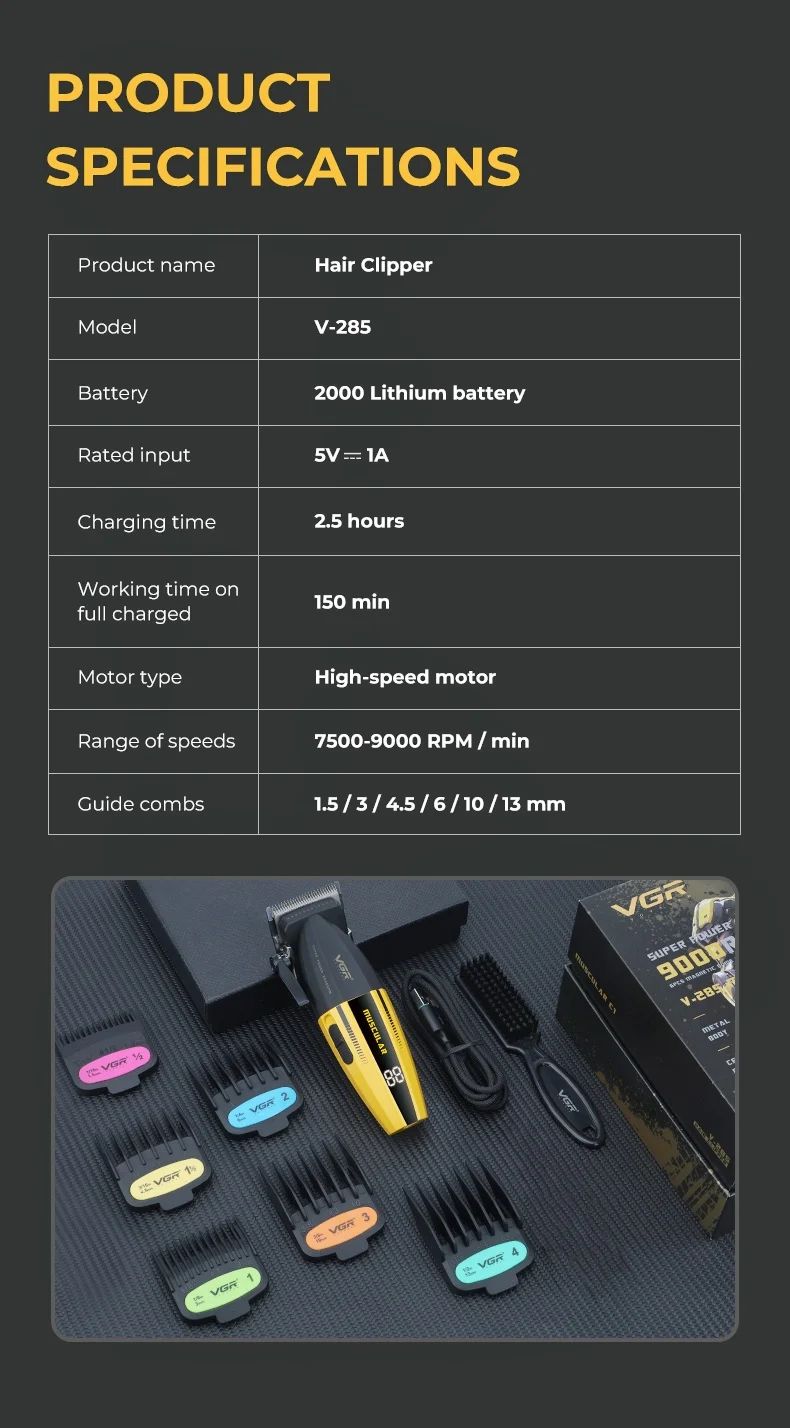 VGR Electric Hair Trimmers Professional 9000RPM Hair Clippers Rechargeable Haircut Machine Adjustable Barber Tool for Men V-285