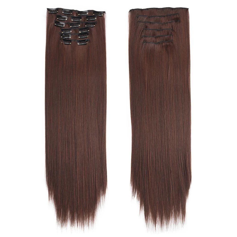 16 Presilhas em Apliques de Cabelo 60cm de Comprimento Liso Penteado Sintético Loiro Preto Perucas Resistente ao Calor Cabelo Falso 6Pçs/Conjunto
