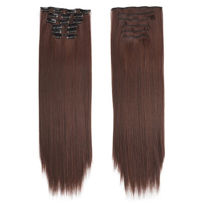 16 Presilhas em Apliques de Cabelo 60cm de Comprimento Liso Penteado Sintético Loiro Preto Perucas Resistente ao Calor Cabelo Falso 6Pçs/Conjunto