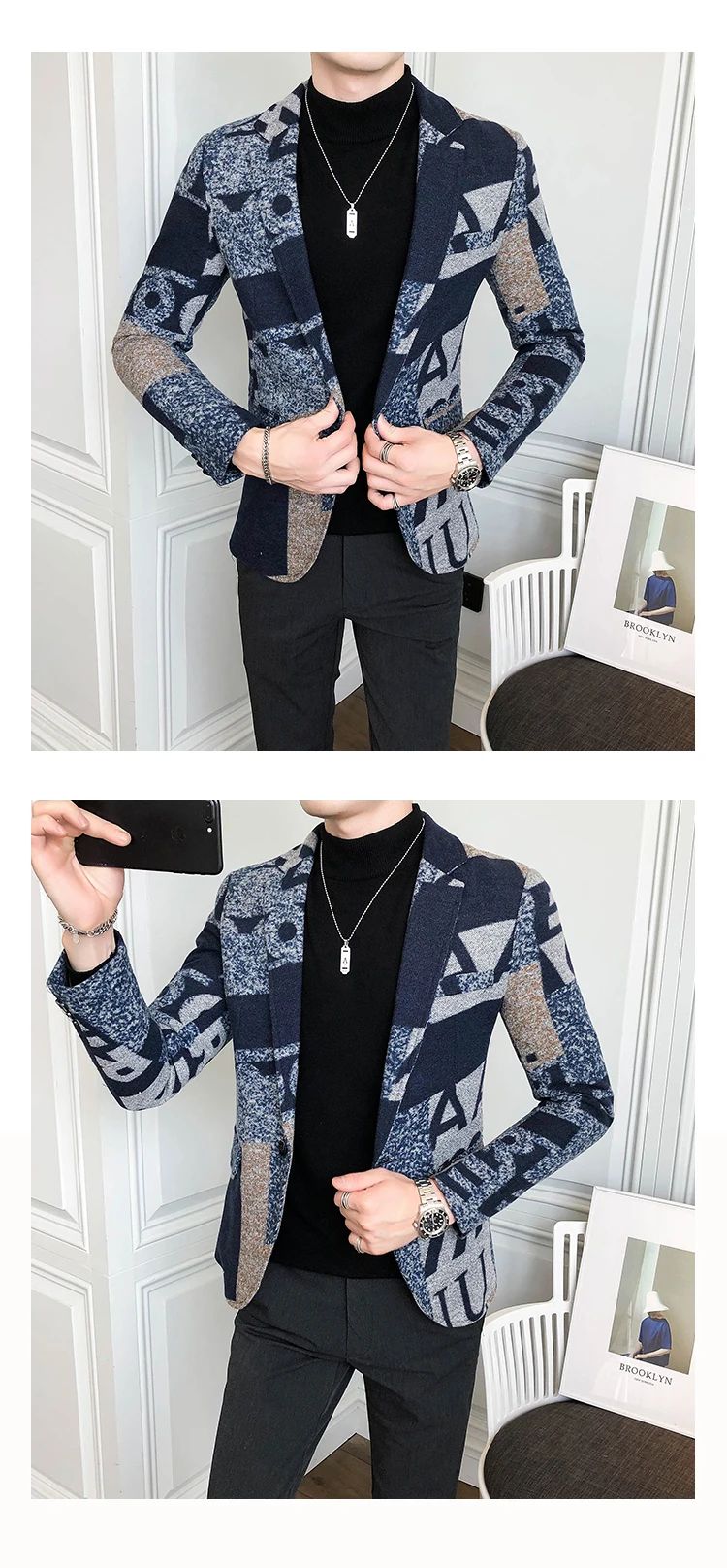 Men's New Suit Jacket Autumn and Winter Men's Letter Printed Suit Jacket Slim Lapel Comfortable Suit Jacket Fashion Woolenjacket