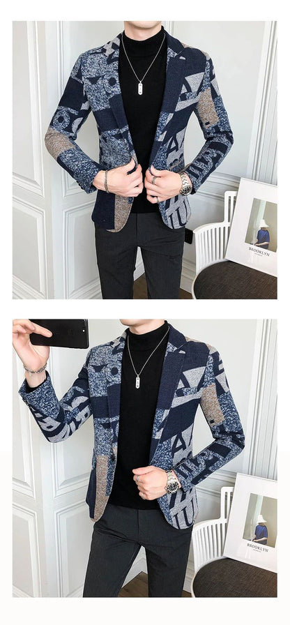 Men's New Suit Jacket Autumn and Winter Men's Letter Printed Suit Jacket Slim Lapel Comfortable Suit Jacket Fashion Woolenjacket