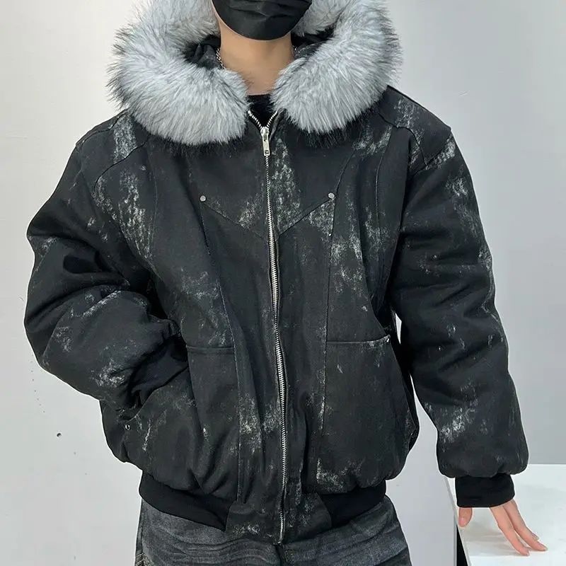Cotton jacket with fur collar eagle embroidered and tie-dyeed winter men's design outdoor jacket thick and comfortable