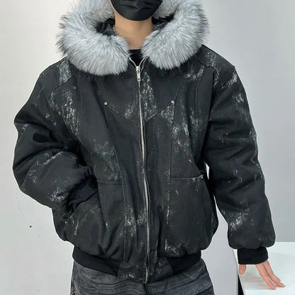 Cotton jacket with fur collar eagle embroidered and tie-dyeed winter men's design outdoor jacket thick and comfortable