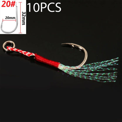 10 pçs/Lote Anzol Auxiliar Cast Jig Aço Carbono Ângulo Farpa Rosca Pena Isca Pesca Lento Jigging Mar Pesca Anzol