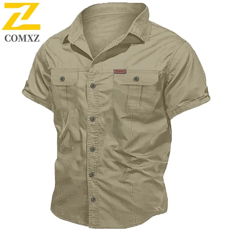 New Men's Work Shirt Casual Retro 100% Cotton Short Sleeve Flying Cargo Shirt Men's Summer Fishing Hunting Multi Pocket Shirt
