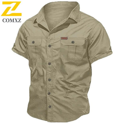 New Men's Work Shirt Casual Retro 100% Cotton Short Sleeve Flying Cargo Shirt Men's Summer Fishing Hunting Multi Pocket Shirt